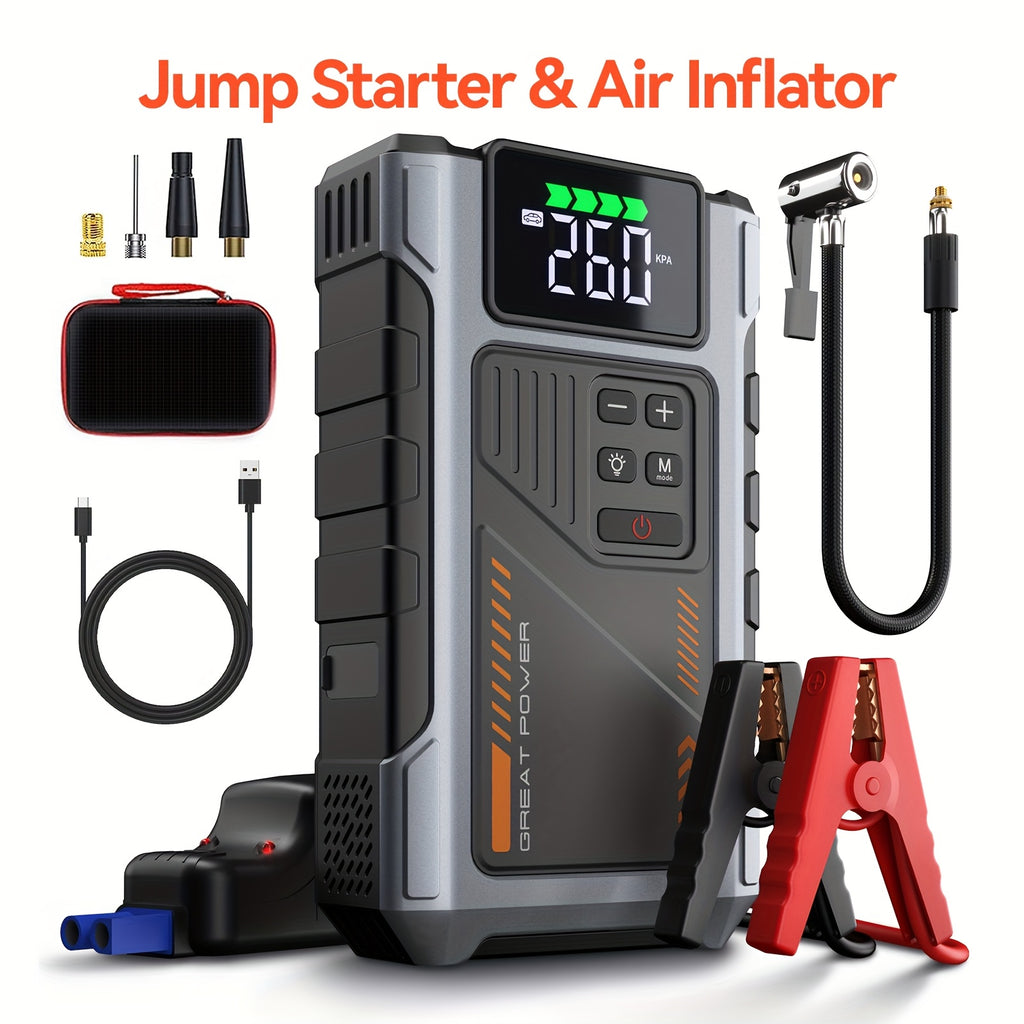 4000A Portable Wireless Car Air Compressor Jump Starter with Air Compressor, Battery Jump Starter Portable Peak, Car Battery Charger Portable For12V(8.0LGas/1.72gal Diesel) Start The Car Quickly, USB Input/output, LED Emergen