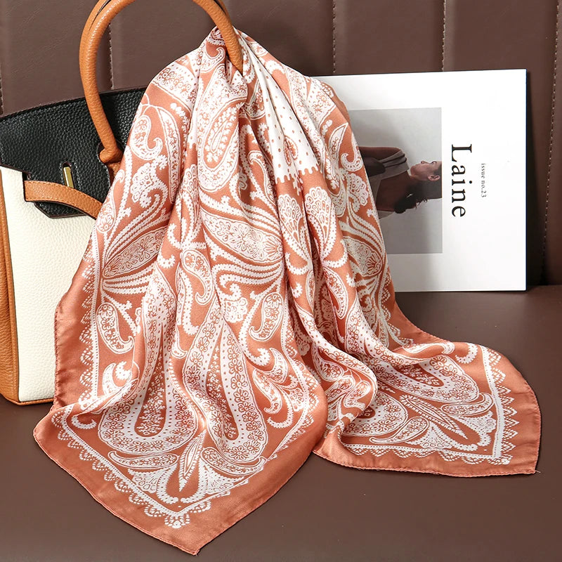 Bohemian Style Print Luxury Brand Silk Square Scarf Women Satin Shawls Neckerchief Wrap Scarves Bandana Hair Hjiab Floral