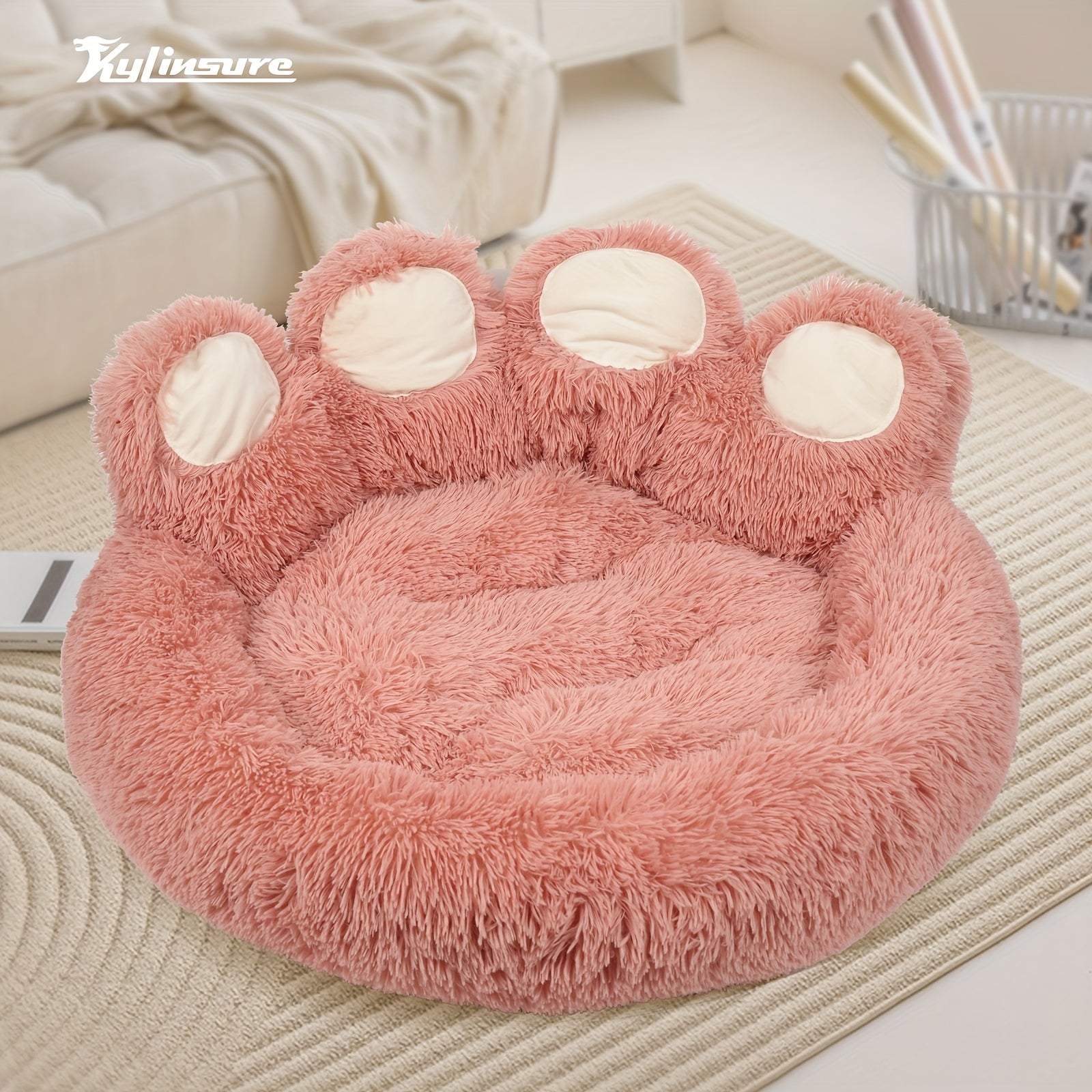 Cute Bear Paw Shaped Dog Bed And Cat Bed, Calm Donut Dog Bed, Warm And Comfortable Soft Dog Round Bed, Plush Dog And Cat Mattress Bed. Give Your Baby A Warm And Comfortable Mattress! with A Pet Scarf