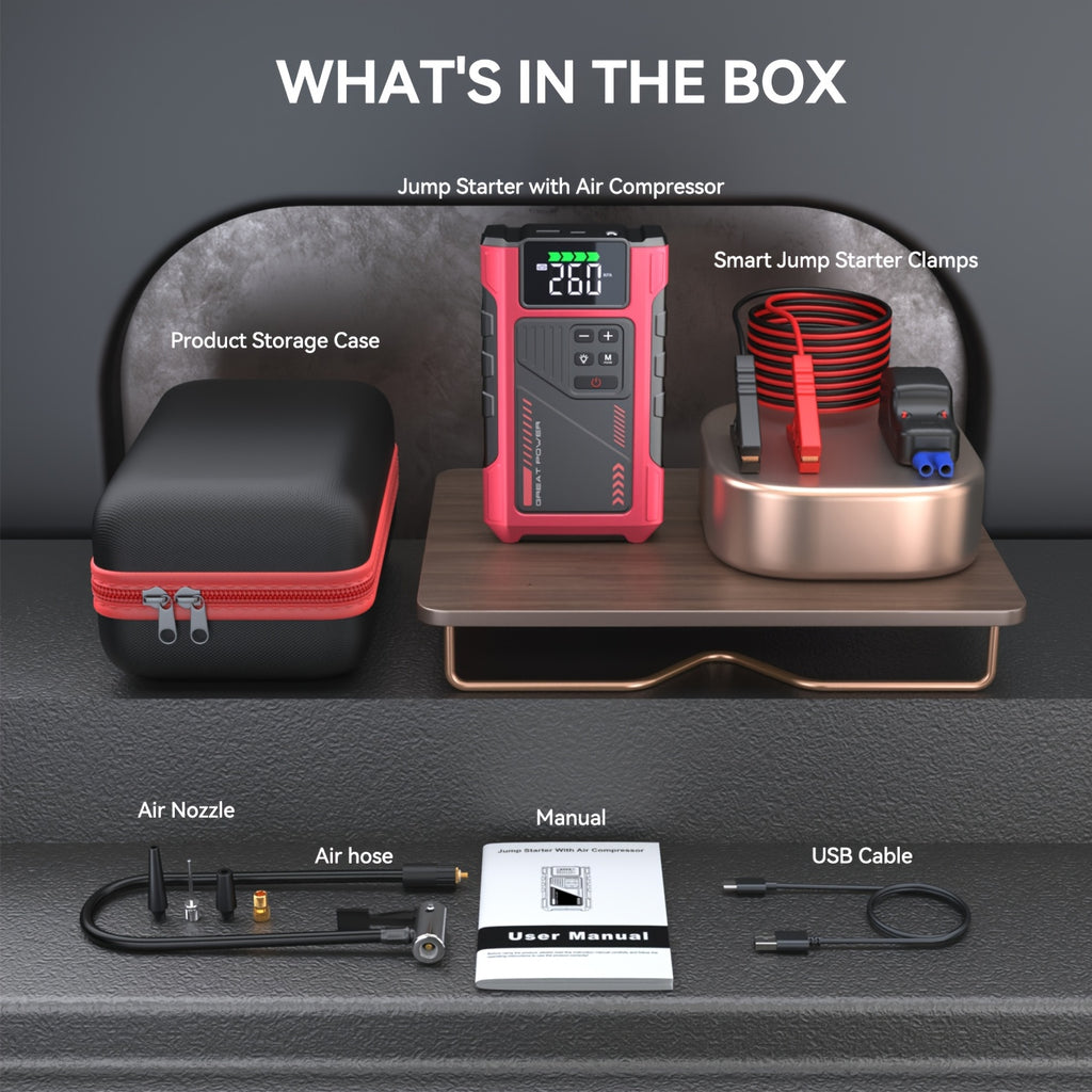 4000A Portable Wireless Car Air Compressor Jump Starter with Air Compressor, Battery Jump Starter Portable Peak, Car Battery Charger Portable For12V(8.0LGas/1.72gal Diesel) Start The Car Quickly, USB Input/output, LED Emergen