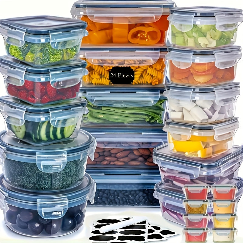 48pcs luxury food storage container set of high quality - sealed design, BPA free, easy to fasten lid, stackable microwave safe - including 24 containers, 24 lids, free labels, and kitchen storage marker pen