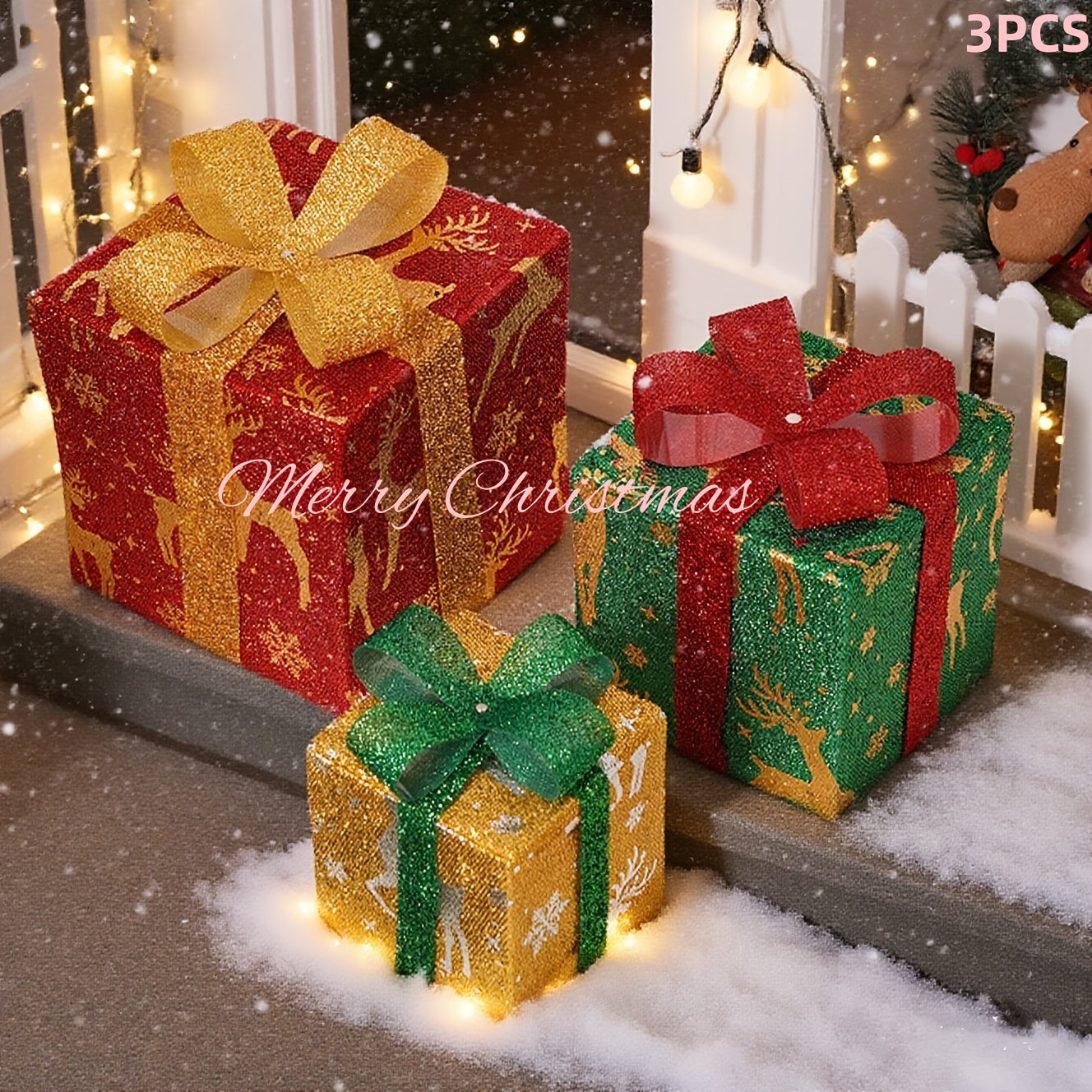 3pcs Lighted Christmas Gift Box Set with Warm LED Lights & Snowy Ribbon Bows - Battery-Powered Indoor/Outdoor Plastic Decorations with Stake Installation, Classic Winter Design for Xmas Tree, Yard, Home - Cordless Holiday Dec
