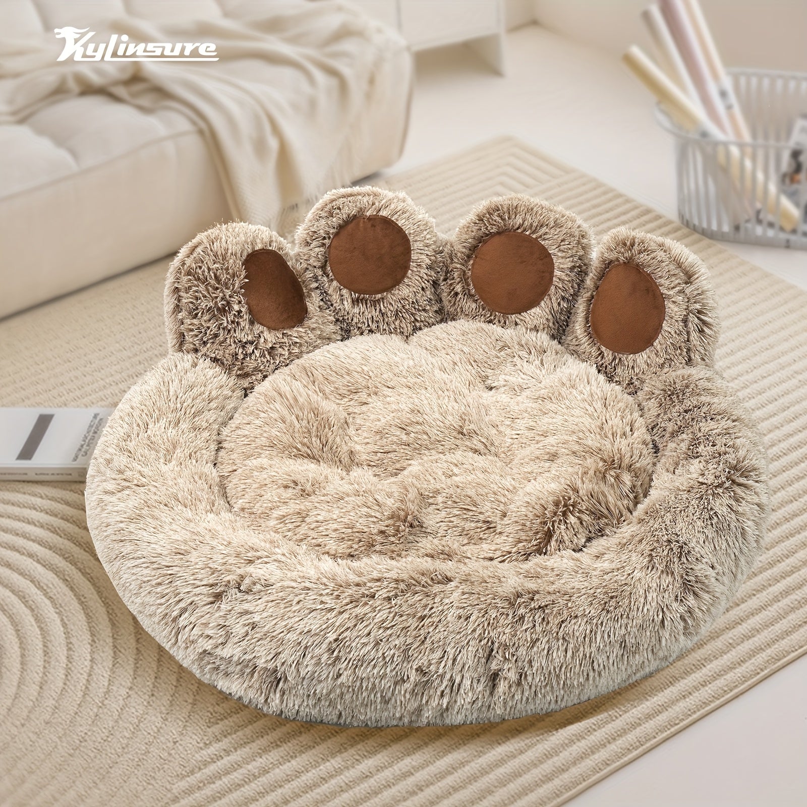 Cute Bear Paw Shaped Dog Bed And Cat Bed, Calm Donut Dog Bed, Warm And Comfortable Soft Dog Round Bed, Plush Dog And Cat Mattress Bed. Give Your Baby A Warm And Comfortable Mattress! with A Pet Scarf