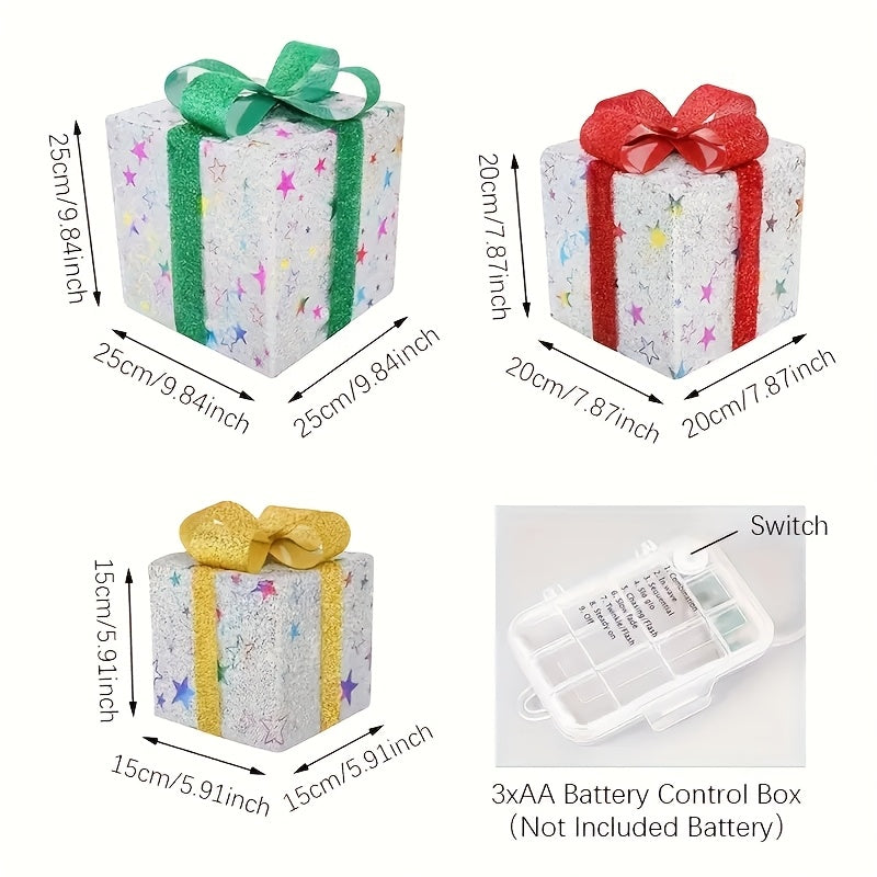 3pcs Lighted Christmas Gift Box Set with Warm LED Lights & Snowy Ribbon Bows - Battery-Powered Indoor/Outdoor Plastic Decorations with Stake Installation, Classic Winter Design for Xmas Tree, Yard, Home - Cordless Holiday Dec