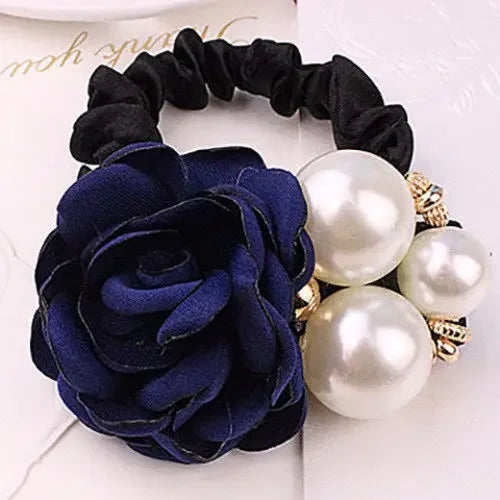 Hair Ties Korean Faux Pearl Fabric Rose Flower Scrunchie Wide Rubber Band For Women Girls Thick Hair Thin Hair Accessories