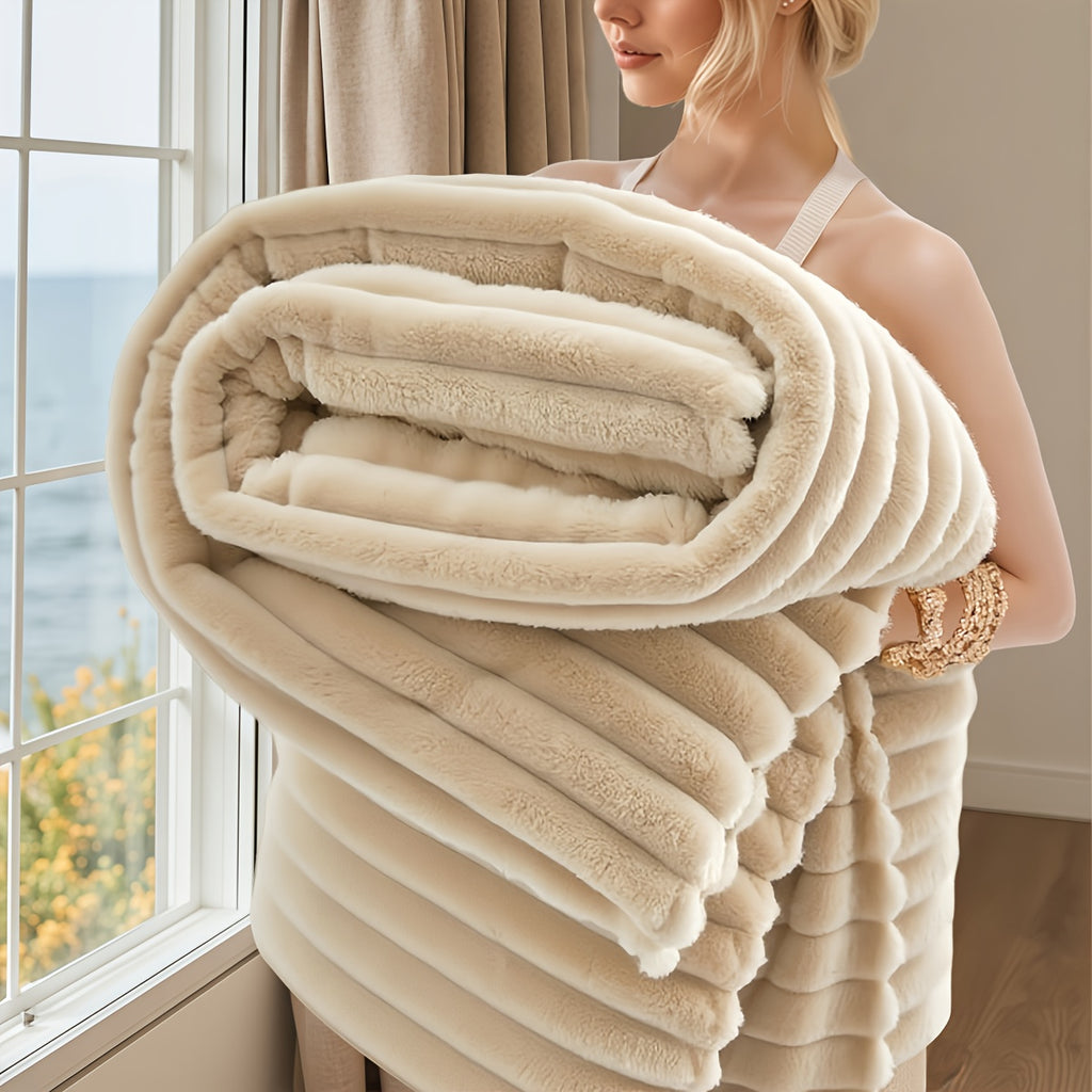 Luxurious Faux Rabbit Fur Throw Blanket - Super Soft & Warm All-Season Cozy Blanket for Couch, Bed, Travel, Camping, Office - Plush Faux Rabbit Fur, Beige & White Striped Contemporary Design, Machine Washable, Versatile Indoo