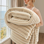 Luxurious Faux Rabbit Fur Throw Blanket - Super Soft & Warm All-Season Cozy Blanket for Couch, Bed, Travel, Camping, Office - Plush Faux Rabbit Fur, Beige & White Striped Contemporary Design, Machine Washable, Versatile Indoo