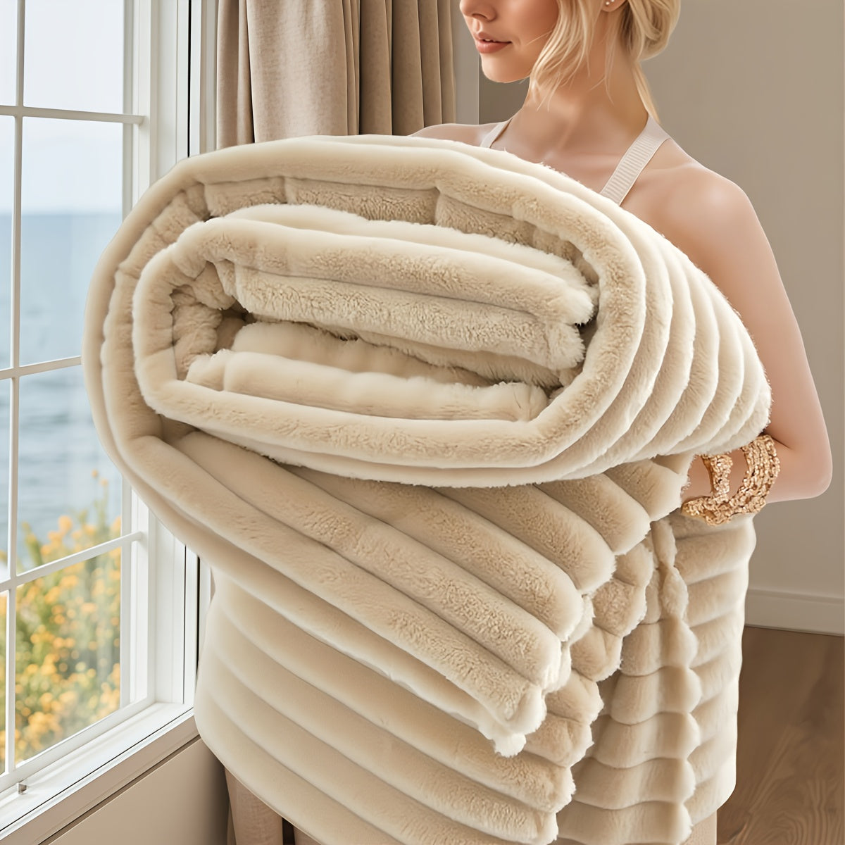 Luxurious Faux Rabbit Fur Throw Blanket - Super Soft & Warm All-Season Cozy Blanket for Couch, Bed, Travel, Camping, Office - Plush Faux Rabbit Fur, Beige & White Striped Contemporary Design, Machine Washable, Versatile Indoo