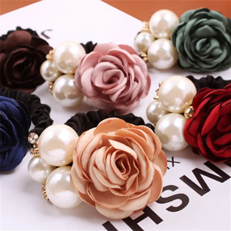 Hair Ties Korean Faux Pearl Fabric Rose Flower Scrunchie Wide Rubber Band For Women Girls Thick Hair Thin Hair Accessories