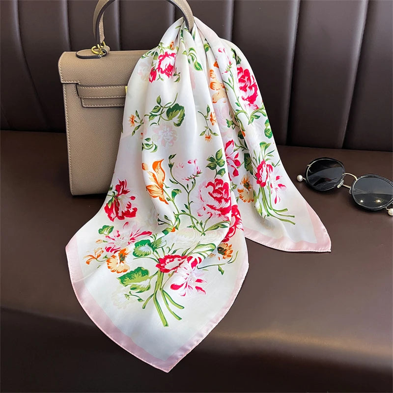 Bohemian Style Print Luxury Brand Silk Square Scarf Women Satin Shawls Neckerchief Wrap Scarves Bandana Hair Hjiab Floral
