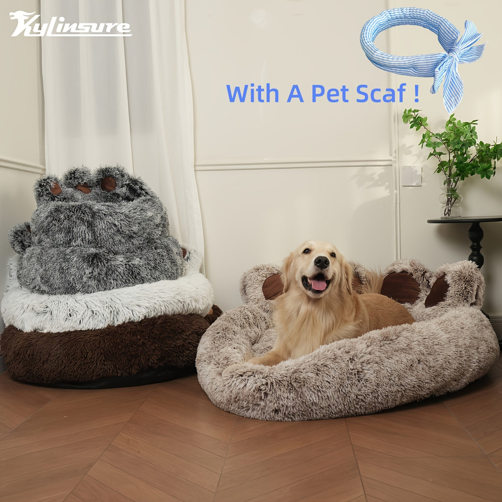 Cute Bear Paw Shaped Dog Bed And Cat Bed, Calm Donut Dog Bed, Warm And Comfortable Soft Dog Round Bed, Plush Dog And Cat Mattress Bed. Give Your Baby A Warm And Comfortable Mattress! with A Pet Scarf