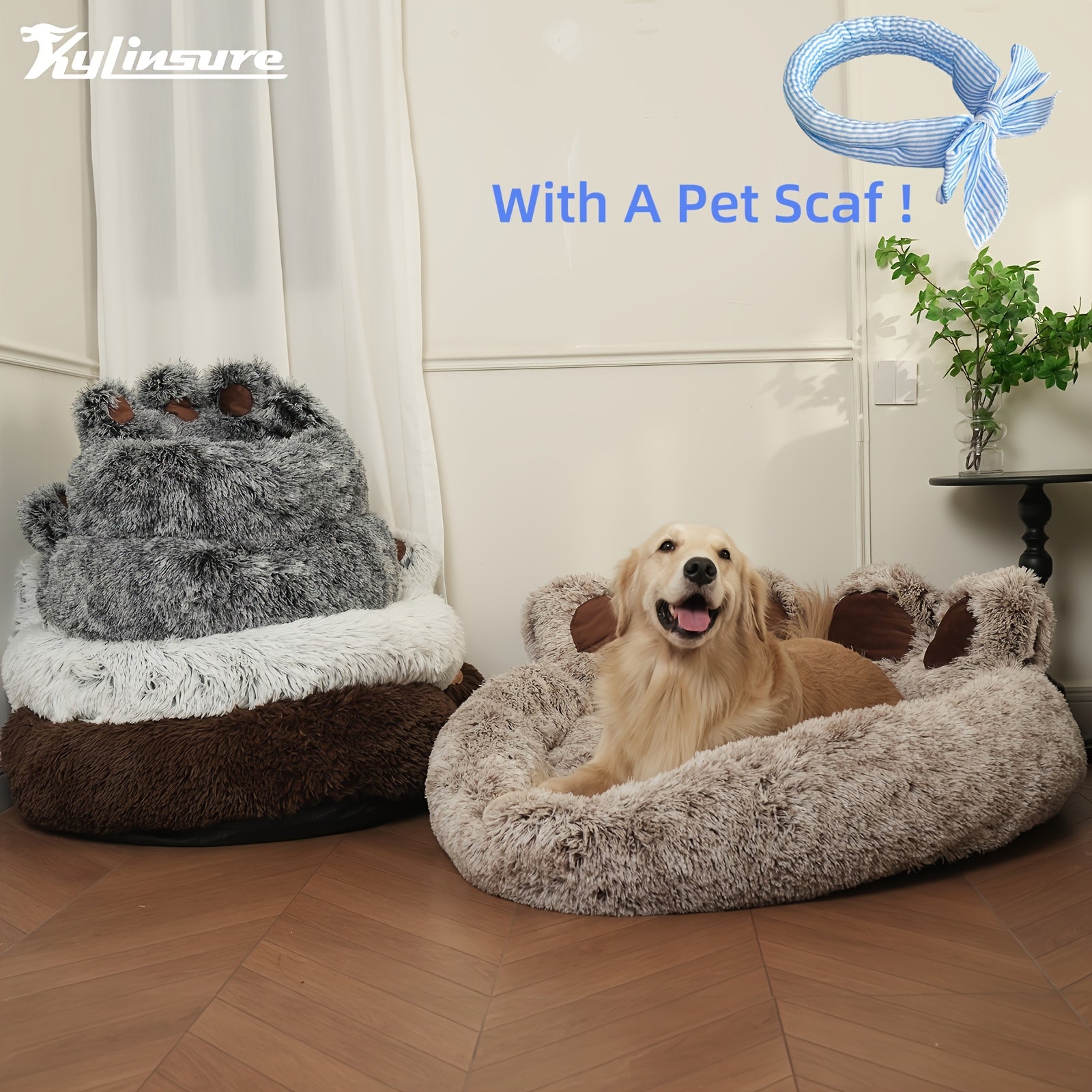 Cute Bear Paw Shaped Dog Bed And Cat Bed, Calm Donut Dog Bed, Warm And Comfortable Soft Dog Round Bed, Plush Dog And Cat Mattress Bed. Give Your Baby A Warm And Comfortable Mattress! with A Pet Scarf