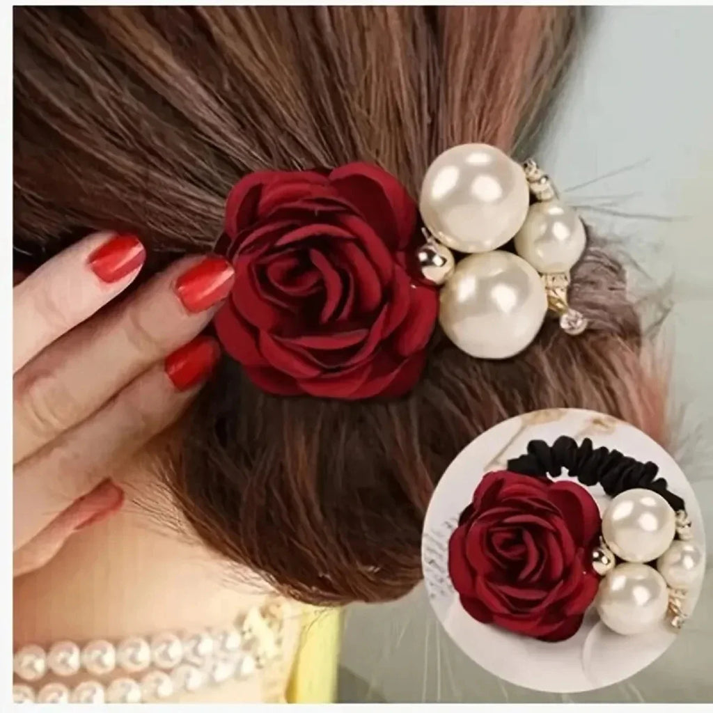 Hair Ties Korean Faux Pearl Fabric Rose Flower Scrunchie Wide Rubber Band For Women Girls Thick Hair Thin Hair Accessories