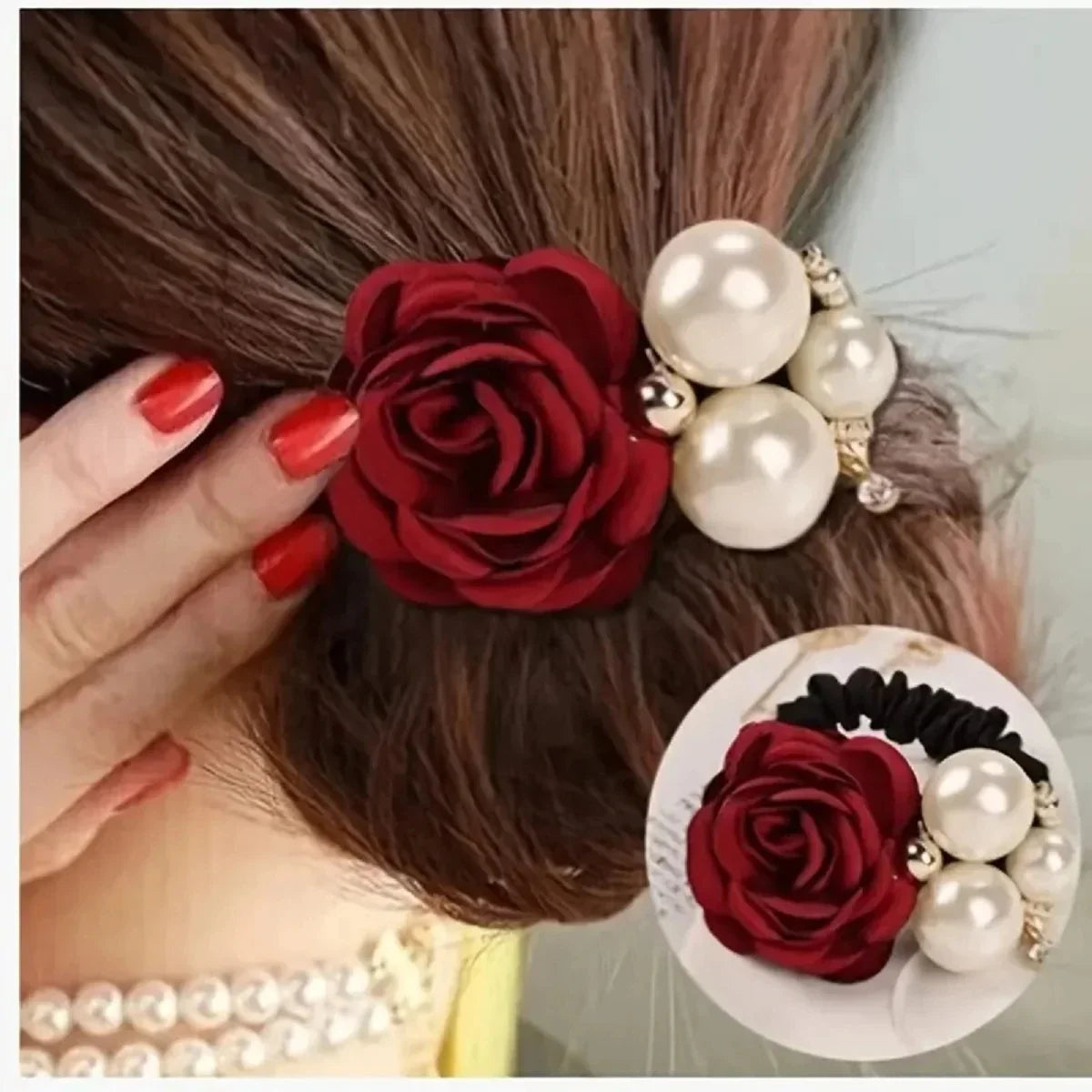 Hair Ties Korean Faux Pearl Fabric Rose Flower Scrunchie Wide Rubber Band For Women Girls Thick Hair Thin Hair Accessories