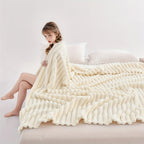 Luxurious Faux Rabbit Fur Throw Blanket - Super Soft & Warm All-Season Cozy Blanket for Couch, Bed, Travel, Camping, Office - Plush Faux Rabbit Fur, Beige & White Striped Contemporary Design, Machine Washable, Versatile Indoo