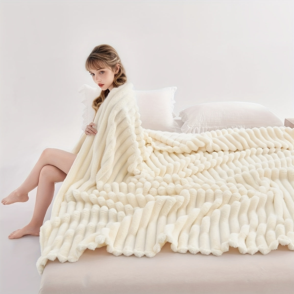 Luxurious Faux Rabbit Fur Throw Blanket - Super Soft & Warm All-Season Cozy Blanket for Couch, Bed, Travel, Camping, Office - Plush Faux Rabbit Fur, Beige & White Striped Contemporary Design, Machine Washable, Versatile Indoo