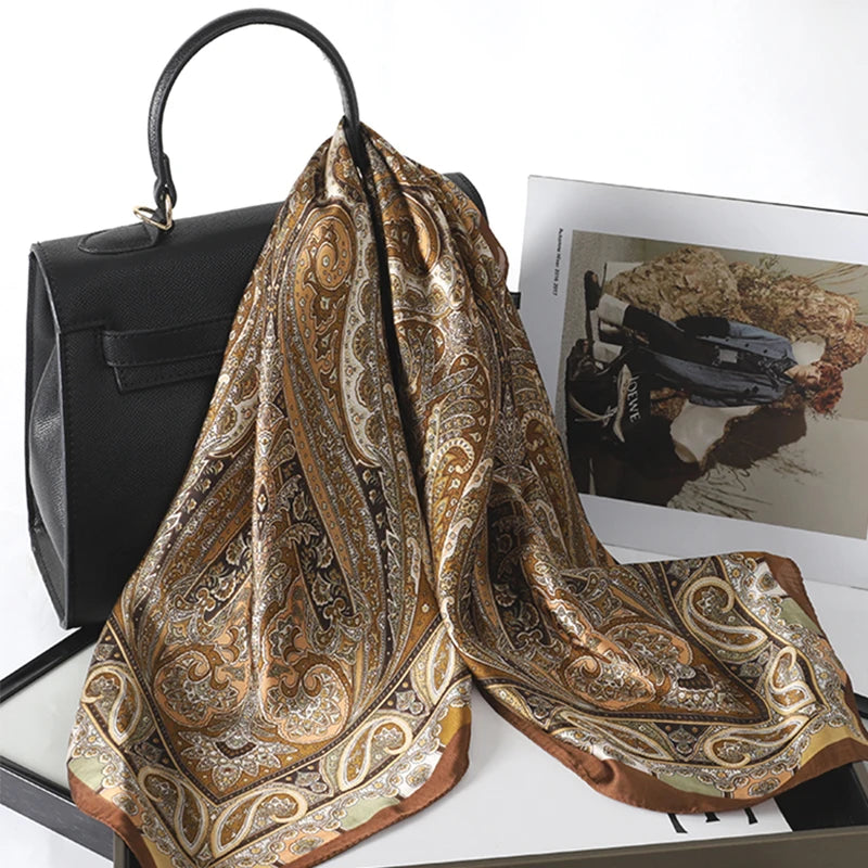 Bohemian Style Print Luxury Brand Silk Square Scarf Women Satin Shawls Neckerchief Wrap Scarves Bandana Hair Hjiab Floral