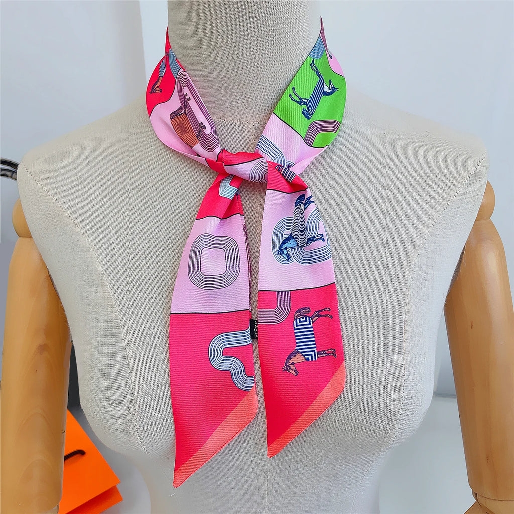 Brand Design Lattice Horse Scarf Women Luxury Silk Scarf Fashion Hair Headband Foulard Skinny Bag Scarves Neckerchief