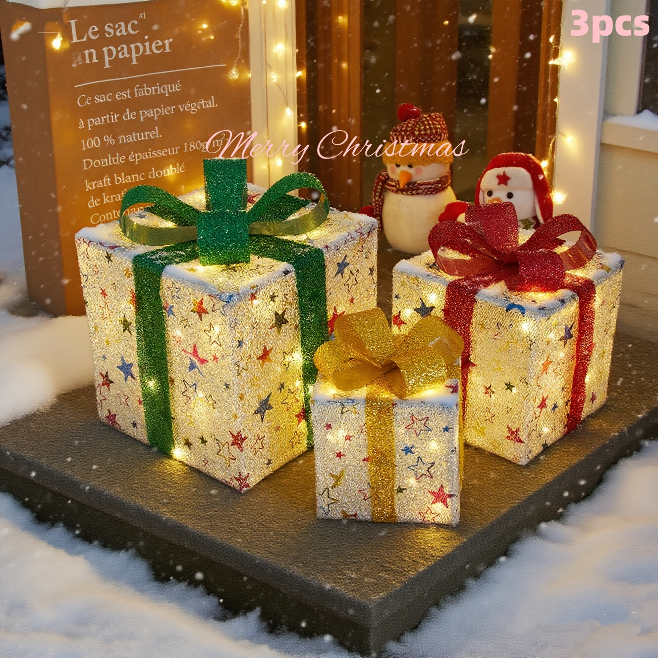 3pcs Lighted Christmas Gift Box Set with Warm LED Lights & Snowy Ribbon Bows - Battery-Powered Indoor/Outdoor Plastic Decorations with Stake Installation, Classic Winter Design for Xmas Tree, Yard, Home - Cordless Holiday Dec
