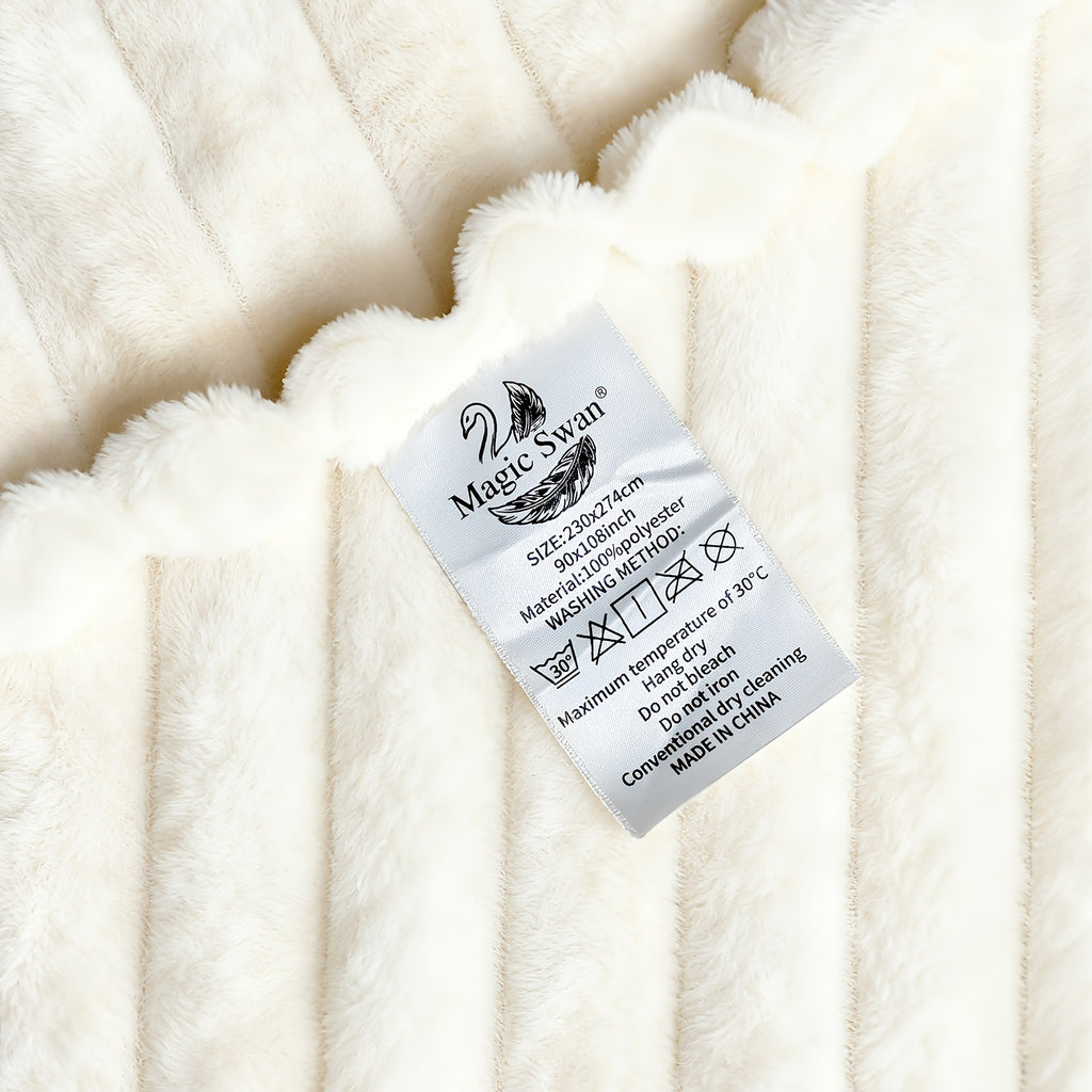 Luxurious Faux Rabbit Fur Throw Blanket - Super Soft & Warm All-Season Cozy Blanket for Couch, Bed, Travel, Camping, Office - Plush Faux Rabbit Fur, Beige & White Striped Contemporary Design, Machine Washable, Versatile Indoo