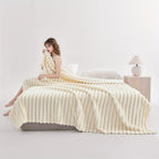 Luxurious Faux Rabbit Fur Throw Blanket - Super Soft & Warm All-Season Cozy Blanket for Couch, Bed, Travel, Camping, Office - Plush Faux Rabbit Fur, Beige & White Striped Contemporary Design, Machine Washable, Versatile Indoo