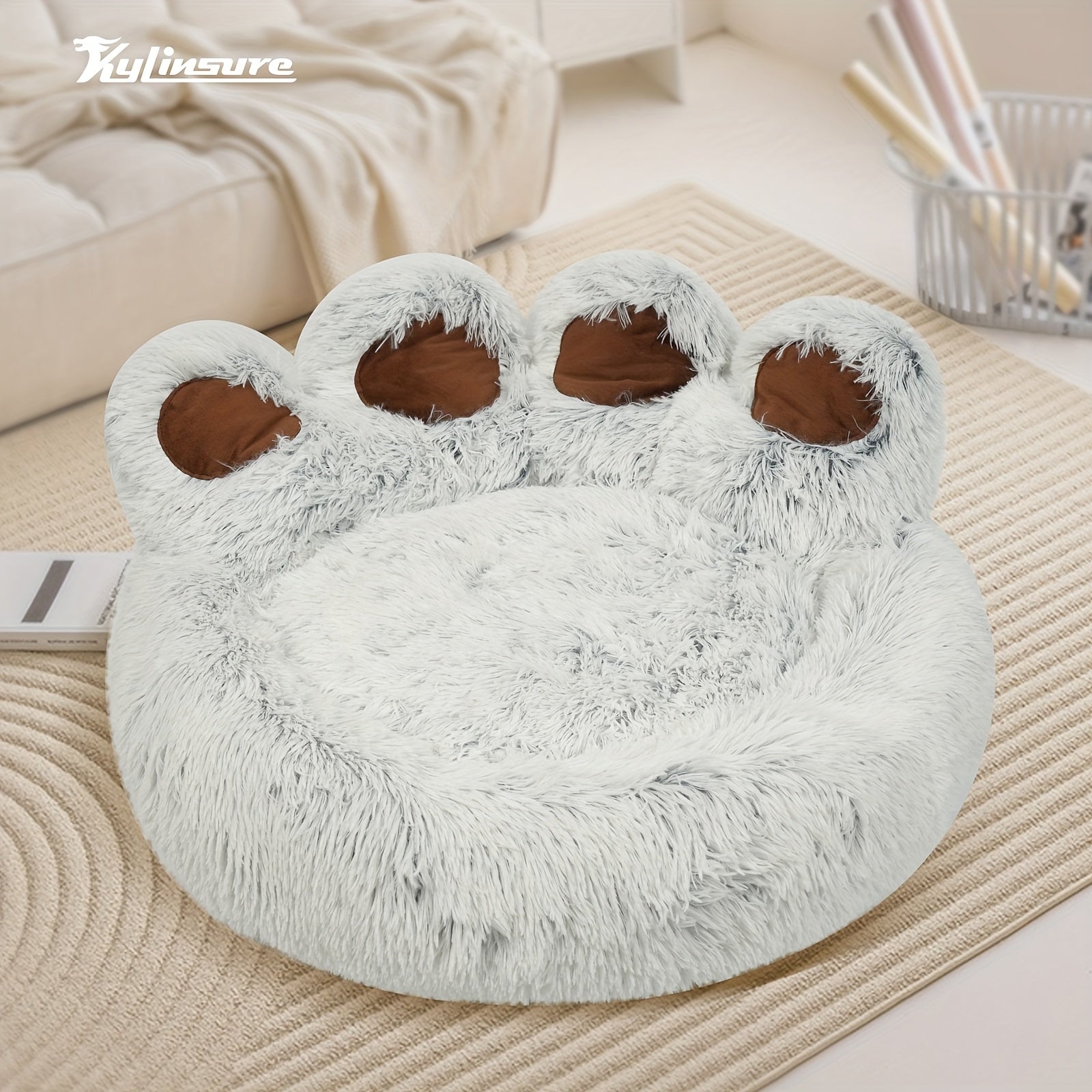 Cute Bear Paw Shaped Dog Bed And Cat Bed, Calm Donut Dog Bed, Warm And Comfortable Soft Dog Round Bed, Plush Dog And Cat Mattress Bed. Give Your Baby A Warm And Comfortable Mattress! with A Pet Scarf