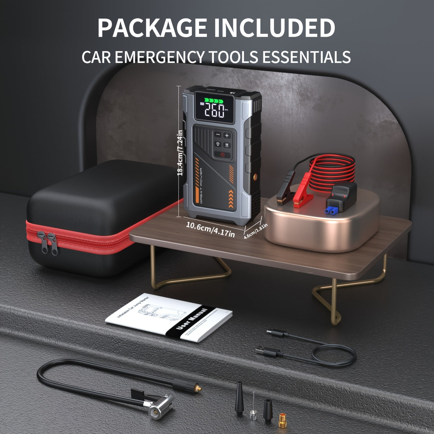 4000A Portable Wireless Car Air Compressor Jump Starter with Air Compressor, Battery Jump Starter Portable Peak, Car Battery Charger Portable For12V(8.0LGas/1.72gal Diesel) Start The Car Quickly, USB Input/output, LED Emergen