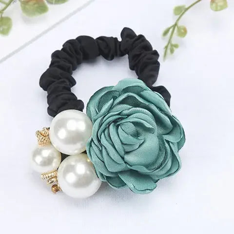 Hair Ties Korean Faux Pearl Fabric Rose Flower Scrunchie Wide Rubber Band For Women Girls Thick Hair Thin Hair Accessories