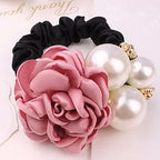 Hair Ties Korean Faux Pearl Fabric Rose Flower Scrunchie Wide Rubber Band For Women Girls Thick Hair Thin Hair Accessories