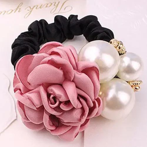 Hair Ties Korean Faux Pearl Fabric Rose Flower Scrunchie Wide Rubber Band For Women Girls Thick Hair Thin Hair Accessories