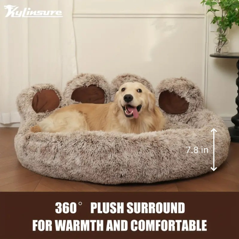 Cute Bear Paw Shaped Dog Bed And Cat Bed, Calm Donut Dog Bed, Warm And Comfortable Soft Dog Round Bed, Plush Dog And Cat Mattress Bed. Give Your Baby A Warm And Comfortable Mattress! with A Pet Scarf