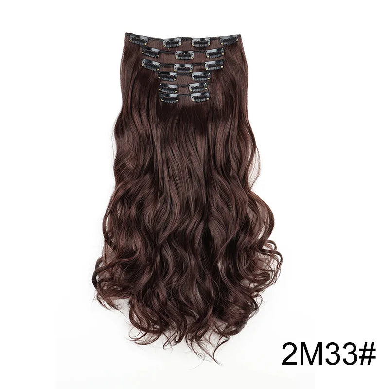 WIGSIN Synthetic 24Inch Long Curly 16 Clips Hair Extension Heat Resistant Fiber Black Brown Hairpiece for Women