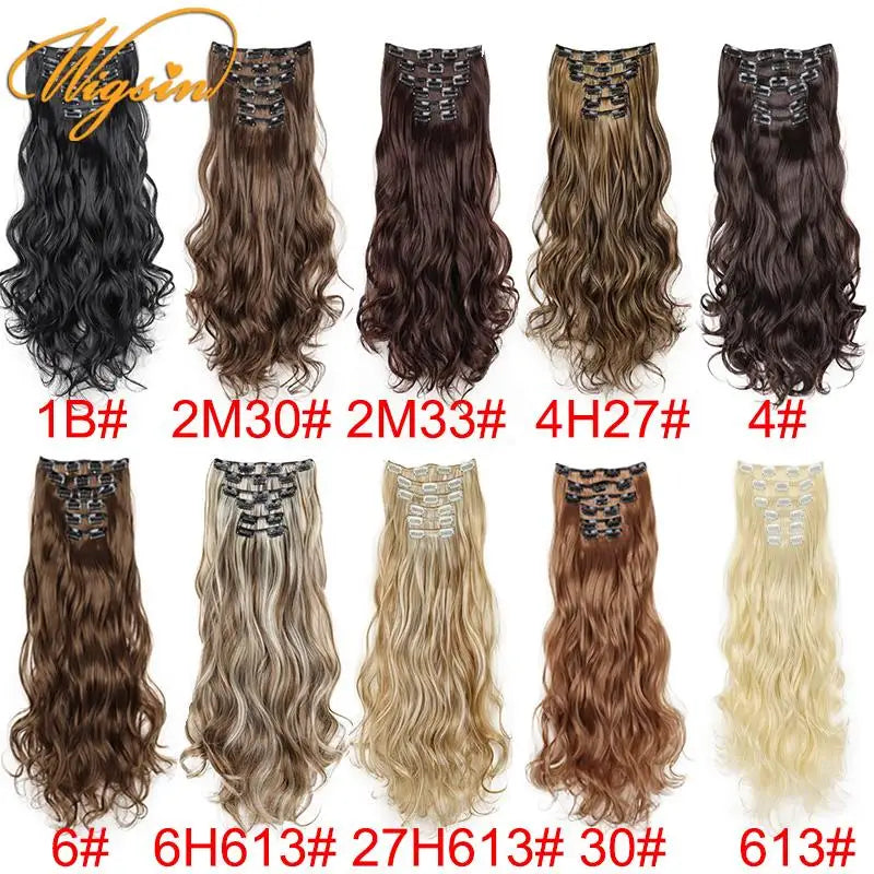 WIGSIN Synthetic 24Inch Long Curly 16 Clips Hair Extension Heat Resistant Fiber Black Brown Hairpiece for Women
