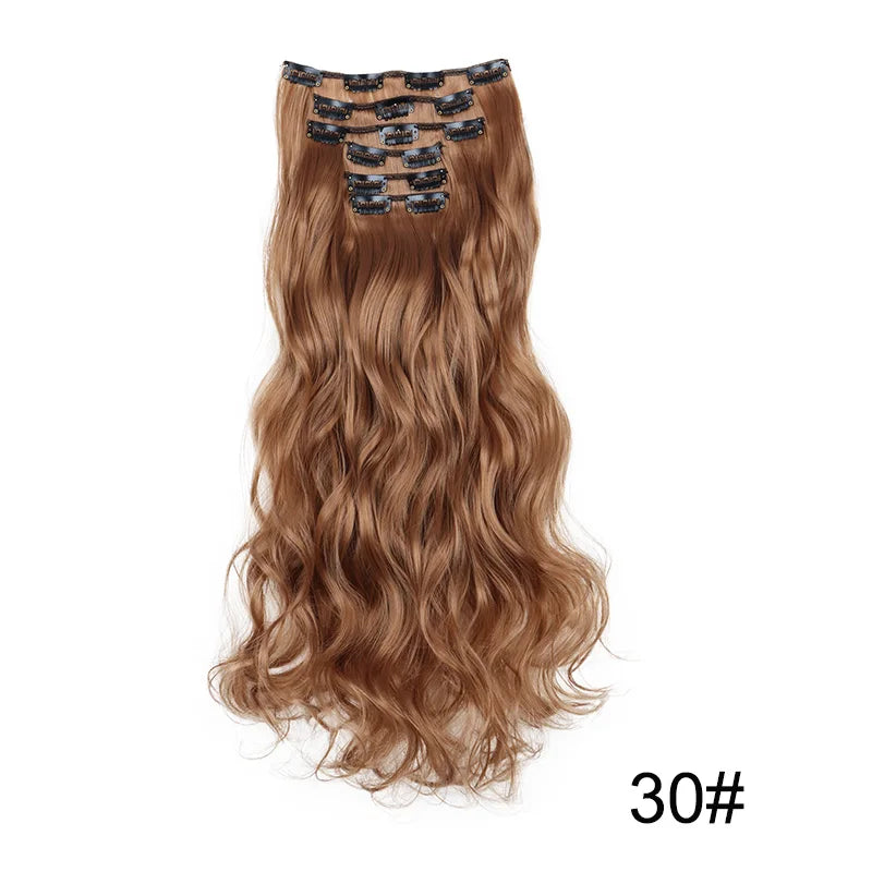 WIGSIN Synthetic 24Inch Long Curly 16 Clips Hair Extension Heat Resistant Fiber Black Brown Hairpiece for Women