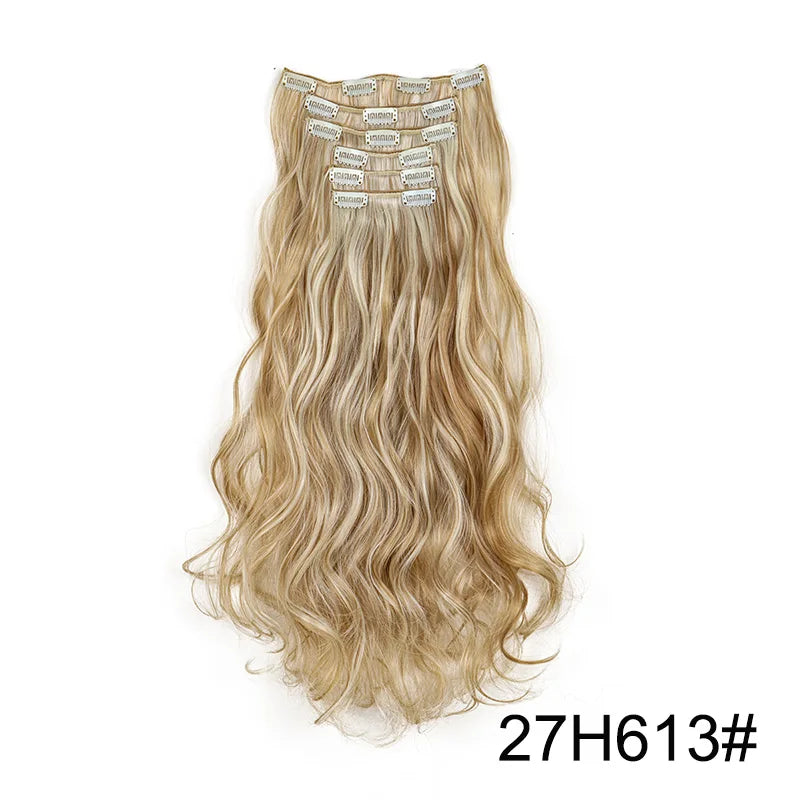 WIGSIN Synthetic 24Inch Long Curly 16 Clips Hair Extension Heat Resistant Fiber Black Brown Hairpiece for Women