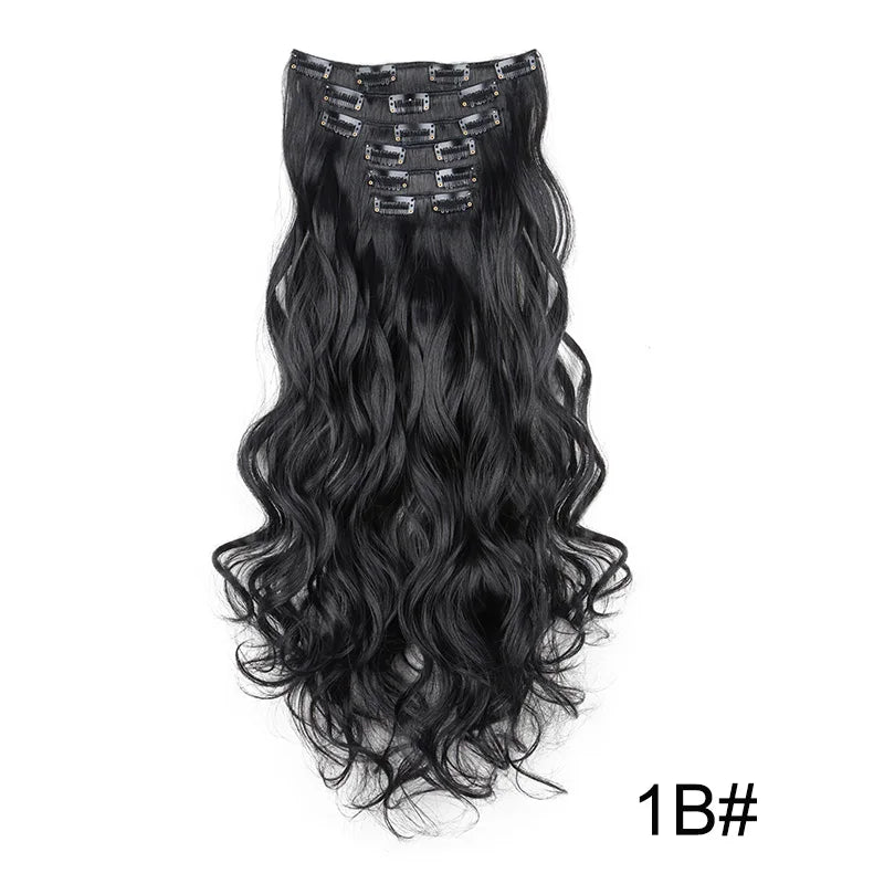 WIGSIN Synthetic 24Inch Long Curly 16 Clips Hair Extension Heat Resistant Fiber Black Brown Hairpiece for Women