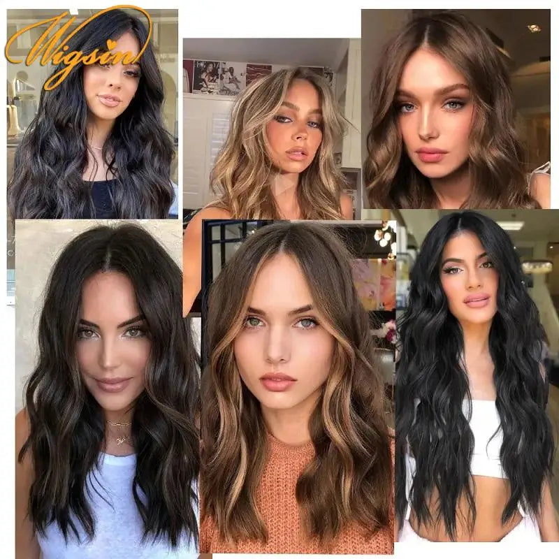 WIGSIN Synthetic 24Inch Long Curly 16 Clips Hair Extension Heat Resistant Fiber Black Brown Hairpiece for Women