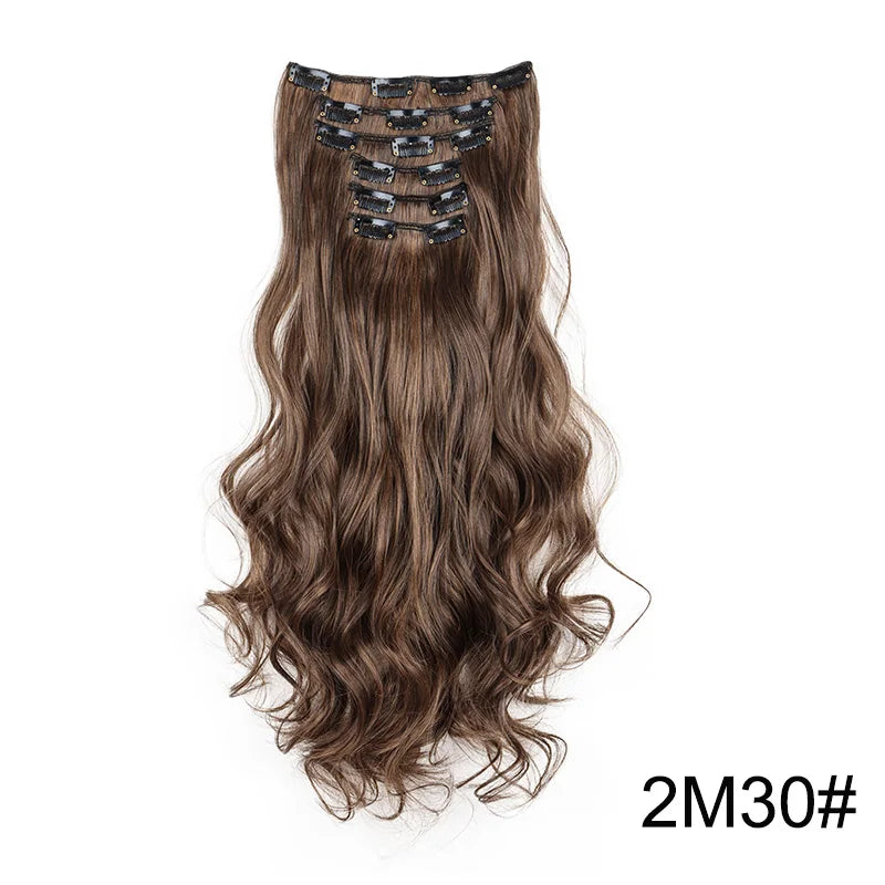 WIGSIN Synthetic 24Inch Long Curly 16 Clips Hair Extension Heat Resistant Fiber Black Brown Hairpiece for Women