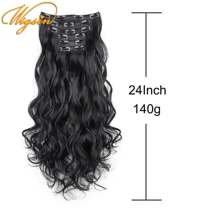 WIGSIN Synthetic 24Inch Long Curly 16 Clips Hair Extension Heat Resistant Fiber Black Brown Hairpiece for Women