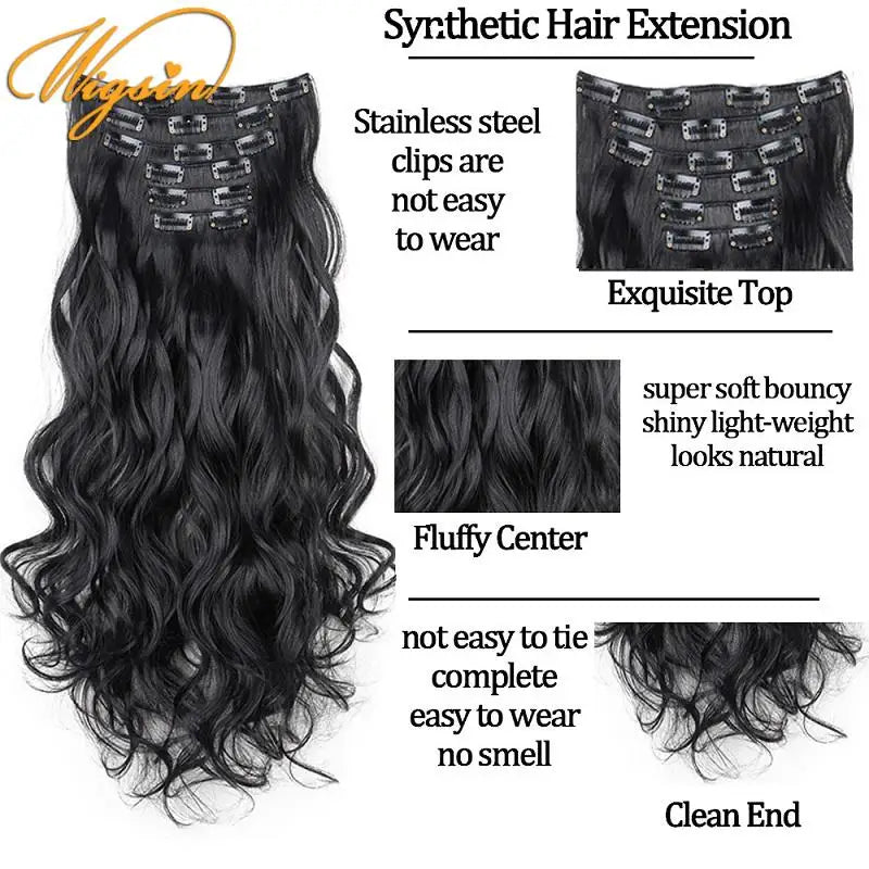 WIGSIN Synthetic 24Inch Long Curly 16 Clips Hair Extension Heat Resistant Fiber Black Brown Hairpiece for Women