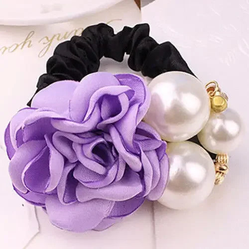 Hair Ties Korean Faux Pearl Fabric Rose Flower Scrunchie Wide Rubber Band For Women Girls Thick Hair Thin Hair Accessories