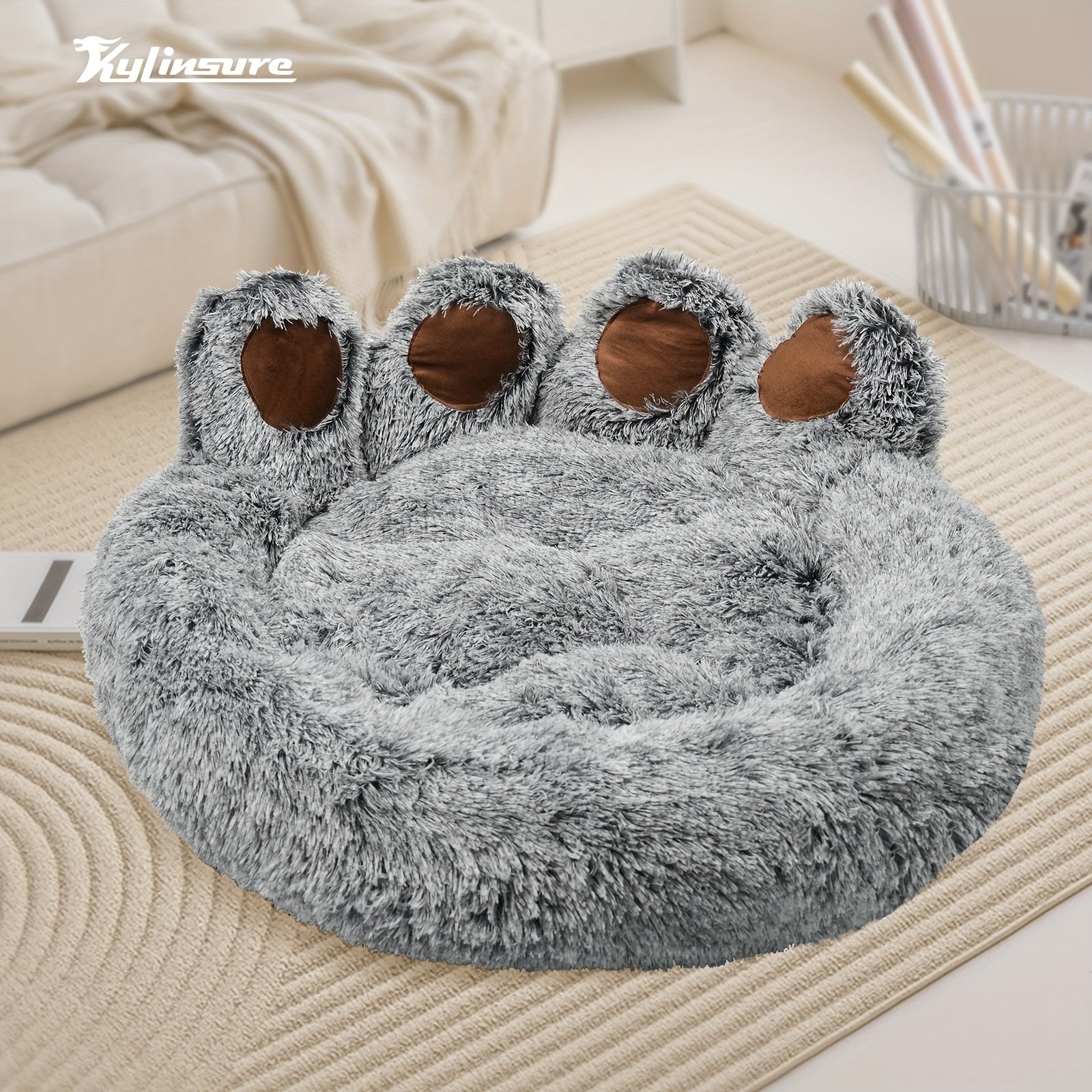 Cute Bear Paw Shaped Dog Bed And Cat Bed, Calm Donut Dog Bed, Warm And Comfortable Soft Dog Round Bed, Plush Dog And Cat Mattress Bed. Give Your Baby A Warm And Comfortable Mattress! with A Pet Scarf