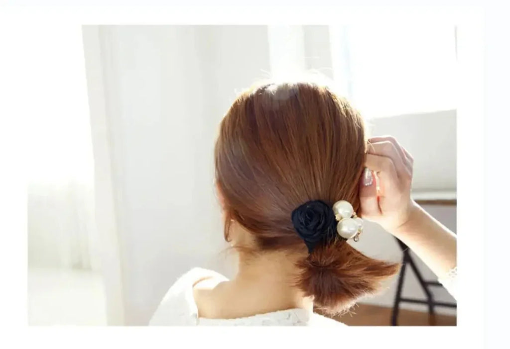 Hair Ties Korean Faux Pearl Fabric Rose Flower Scrunchie Wide Rubber Band For Women Girls Thick Hair Thin Hair Accessories