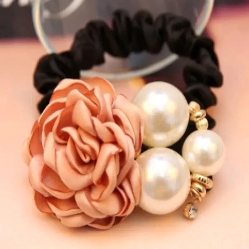 Hair Ties Korean Faux Pearl Fabric Rose Flower Scrunchie Wide Rubber Band For Women Girls Thick Hair Thin Hair Accessories