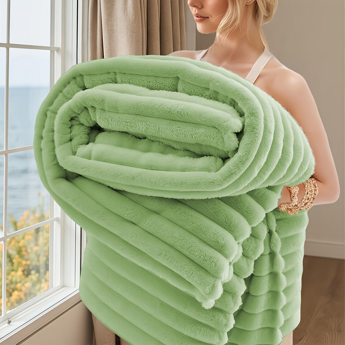 Luxurious Faux Rabbit Fur Throw Blanket - Super Soft & Warm All-Season Cozy Blanket for Couch, Bed, Travel, Camping, Office - Plush Faux Rabbit Fur, Beige & White Striped Contemporary Design, Machine Washable, Versatile Indoo