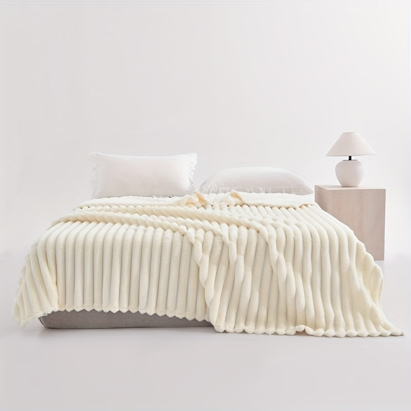 Luxurious Faux Rabbit Fur Throw Blanket - Super Soft & Warm All-Season Cozy Blanket for Couch, Bed, Travel, Camping, Office - Plush Faux Rabbit Fur, Beige & White Striped Contemporary Design, Machine Washable, Versatile Indoo