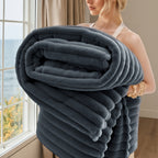 Luxurious Faux Rabbit Fur Throw Blanket - Super Soft & Warm All-Season Cozy Blanket for Couch, Bed, Travel, Camping, Office - Plush Faux Rabbit Fur, Beige & White Striped Contemporary Design, Machine Washable, Versatile Indoo