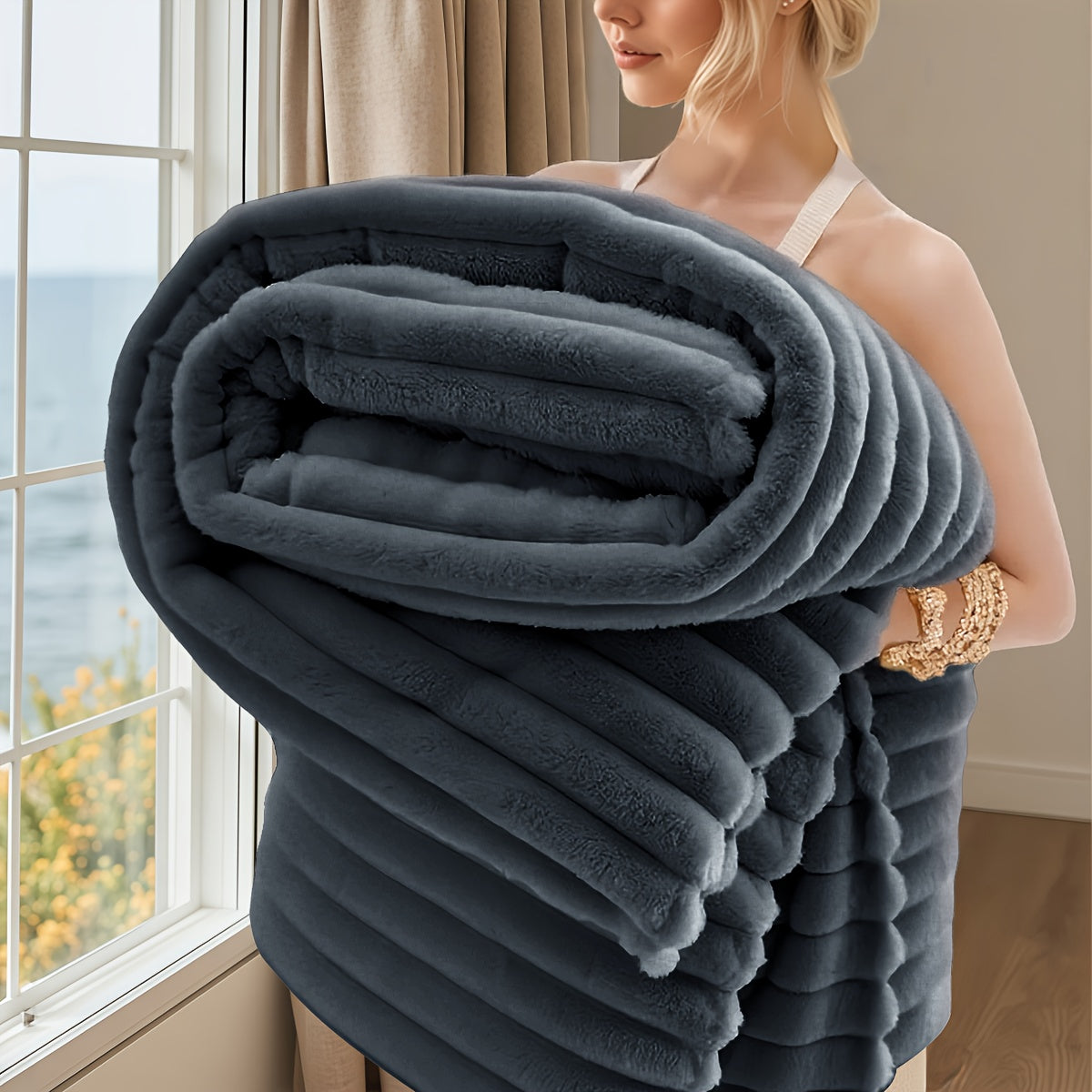 Luxurious Faux Rabbit Fur Throw Blanket - Super Soft & Warm All-Season Cozy Blanket for Couch, Bed, Travel, Camping, Office - Plush Faux Rabbit Fur, Beige & White Striped Contemporary Design, Machine Washable, Versatile Indoo