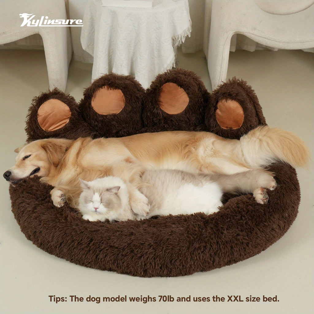 Cute Bear Paw Shaped Dog Bed And Cat Bed, Calm Donut Dog Bed, Warm And Comfortable Soft Dog Round Bed, Plush Dog And Cat Mattress Bed. Give Your Baby A Warm And Comfortable Mattress! with A Pet Scarf