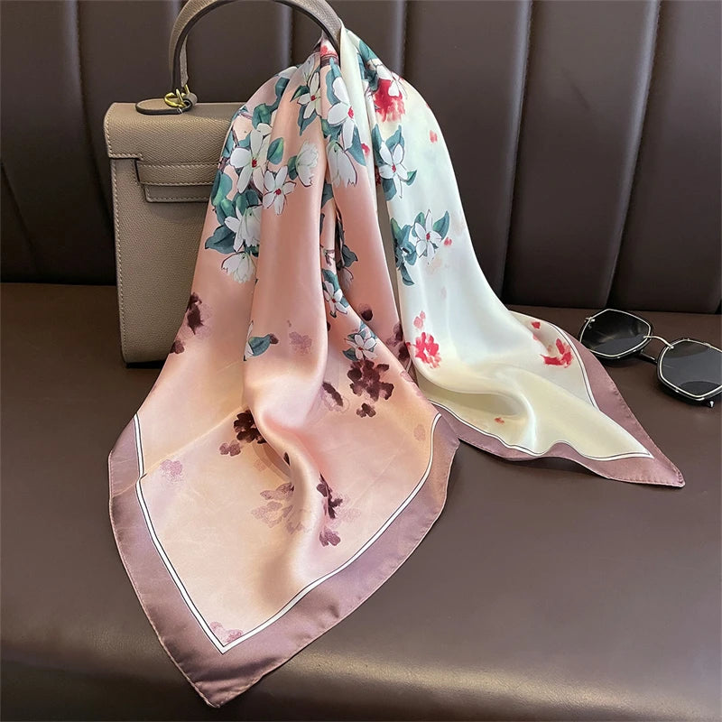 Bohemian Style Print Luxury Brand Silk Square Scarf Women Satin Shawls Neckerchief Wrap Scarves Bandana Hair Hjiab Floral